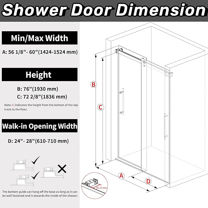 Sunrosa Frameless Double Sliding Shower Door 56 1/8"-60" W x 76" H, 5/16" (8mm) Thick Easy-Clean Tempered Glass, Adjustable Shower Door with Soft-Close System, Brushed Nickel Finish