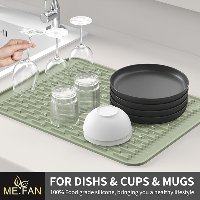 ME.FAN Silicone Dish Drying Mat for Kitchen Counter, Dish Drying Pad for Sink, Refrigerator or Drawer, Countertop Protection Pad L - 18''×16'' - Desert Sage