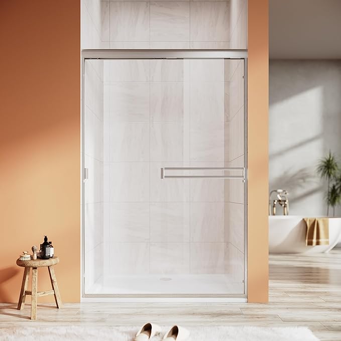 Shower Door 44-48 in. W x 72 in. H, UCALAFEE Semi-Frameless Double Sliding Shower Door with 1/4" (6mm) SGCC Clear Tempered Glass, Silent Soft-Close & Anti-Leak Walk-in Shower Door, Brushed Nickel