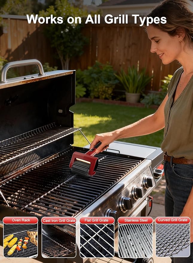 Electric Grill Brush with LED Light, 650 RPM High-Speed Non-Shedding Spinning Cleaner, Removable Washable Brush Head and 2 Scouring Pads, Rechargeable BBQ Cleaning Tool for Outdoor Grilling & Camping