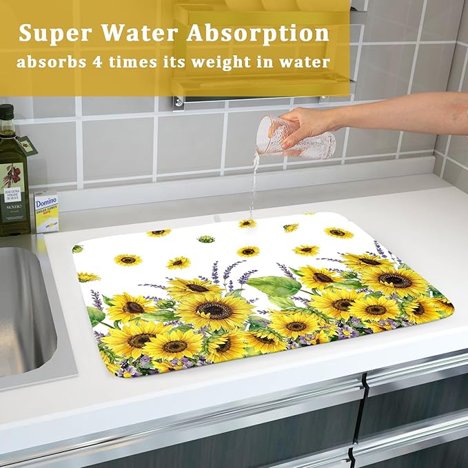 Sunflower Dish Drying Mat for Kitchen Counter 24x18 Inch Floral Lavender Drying Mat with Absorbent Reversible Microfiber Season Spring Summer Dish Drainer Mats Rack Pad for Coffee Countertop Protector