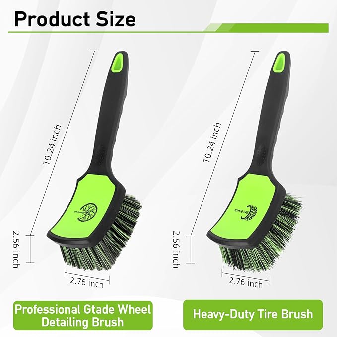 Non-Scratch 2-Pack Car Wheel Tire Cleaning Brush Kit:Soft &Stiff Bristle Detailing Brush with Ergonomic Rubber Short Handle for Deep Cleaning Car Tire Rims, Fenders or Carpet(Black Green)