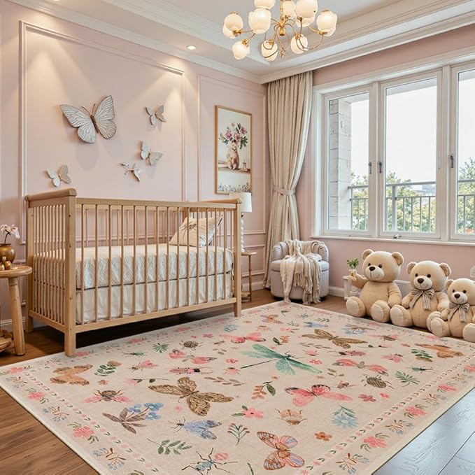 5x7 Pink Washable Area Rugs for Bedroom,Girls Room,Nursery Room,Living Room -Insect Floral Boho Vintage Rug,Soft & Non-Slip,Low Pile Wool Carpet for Indoor Dining Room,and Kids Room(Pink)