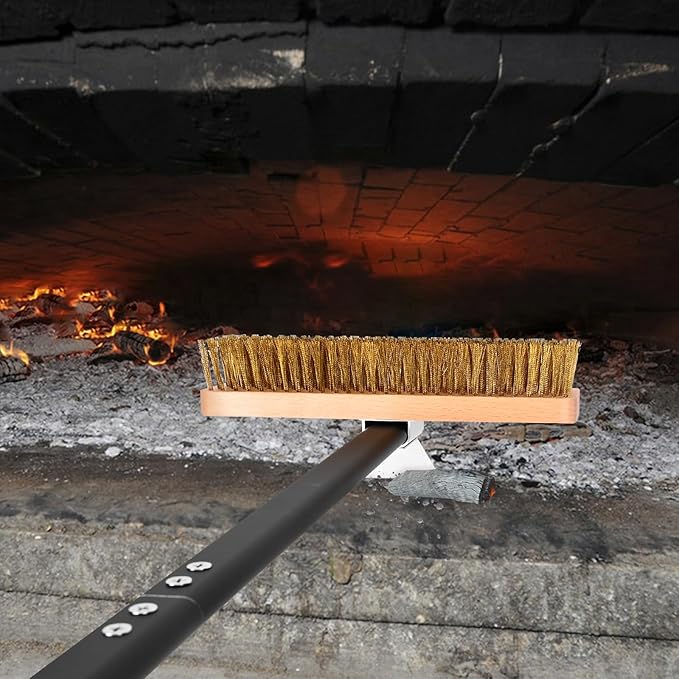 Large Pizza Oven Brush with Scraper, 10.7" Length Brass Bristles Grill Brush with 37 or 52.8 Inch Long Handle, Backyard Pizza Oven Accessories
