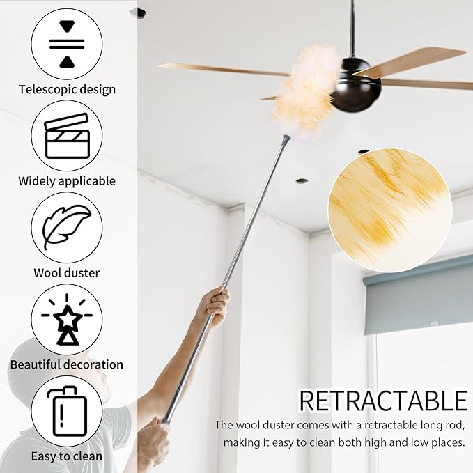 2Pcs Extendable Lambswool Duster Lightweight Ceiling Cleaning Lambswool Duster with Stainless Steel Pole for Ceiling Cabinet