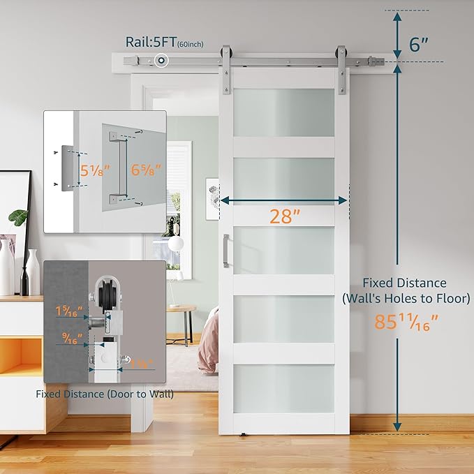 28'' x 84'' Glass Barn Door and 5 Ft Brushed Nickel Hardware Kit Included, MDF White Barn Door Slab with Frosted Glass, PVC Surface, Combined with Handle and Floor Guide-Assembly Required