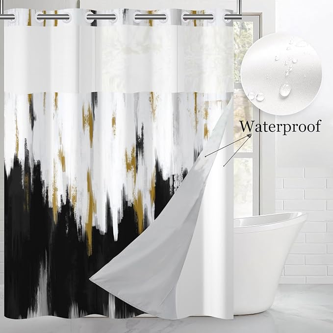 No Hook Shower Curtain with Snap in Liner, Hotel Style Black White Gold Brush Strokes Art Modern Shower Curtain Waterpoof Washable with See Through Top Window,71"x74"