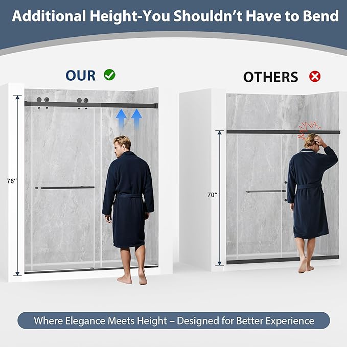 Frameless Double Sliding Shower Doors, 55-60" W x 76" H Shower Glass Door, 1/4" (6mm) Thick ANSI Certified Tempered Glass with Explosion-Proof Film and Nano Coating, Matte Black
