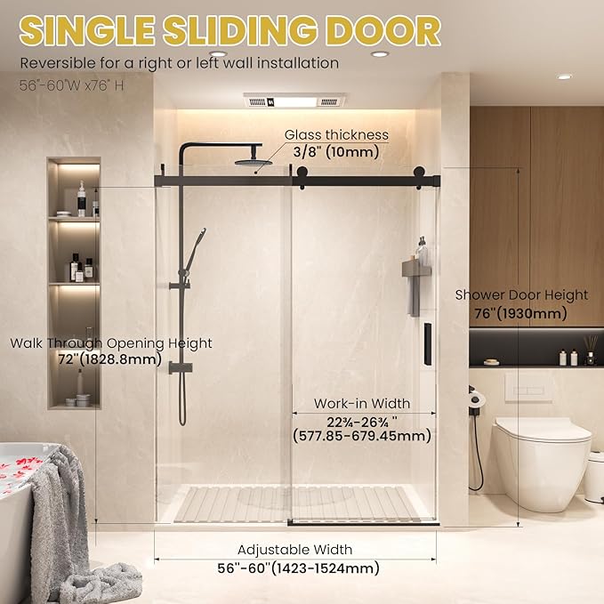 Shower Door 56–60 in W x 76 in H, 3/8" Tempered Glass Sliding Shower Door, Frameless Matte Black, Soft-Close with Buffer, Reversible Installation for Modern Bathroom