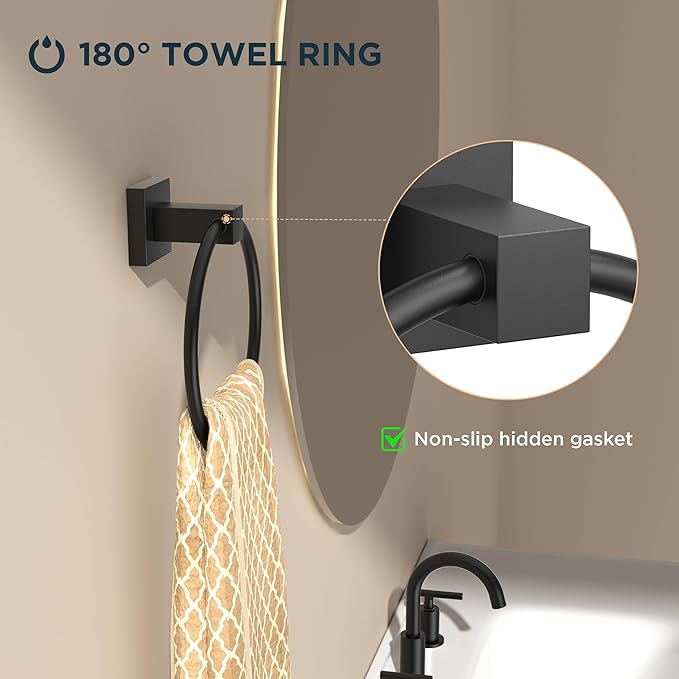 FORIOUS Toilet Paper Holder Wall Mount and Hand Towel Ring Set, SUS 304 Stainless Steel Double Post Pivoting Tissue Roll Holder, Modern Bathroom Hardware Accessories Set, Matte Black (Pack of 2)