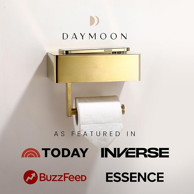 Day Moon™ Brushed Gold Toilet Paper Holder with Shelf, Wipe Holder for Bathroom Flushable Wipes Dispenser, Toilet Paper and Wipes Holder, Toilet Paper Holder with Storage