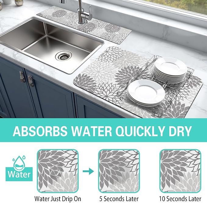 Dish Drying Mat for Kitchen Counter Matt, 2PCS 19"x12" Dish Drainer Mat & 24"x5.5" Sink Splash Guard, Super Absorbent Non-slip Rubber Backed