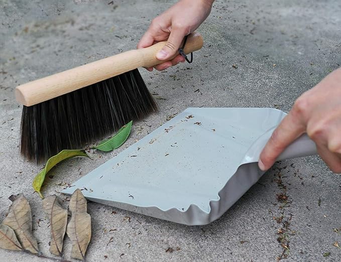 Metal Dust Pan and Brush Set Soft Bristle Wooden Broom Heavy Duty Pan Portable Size