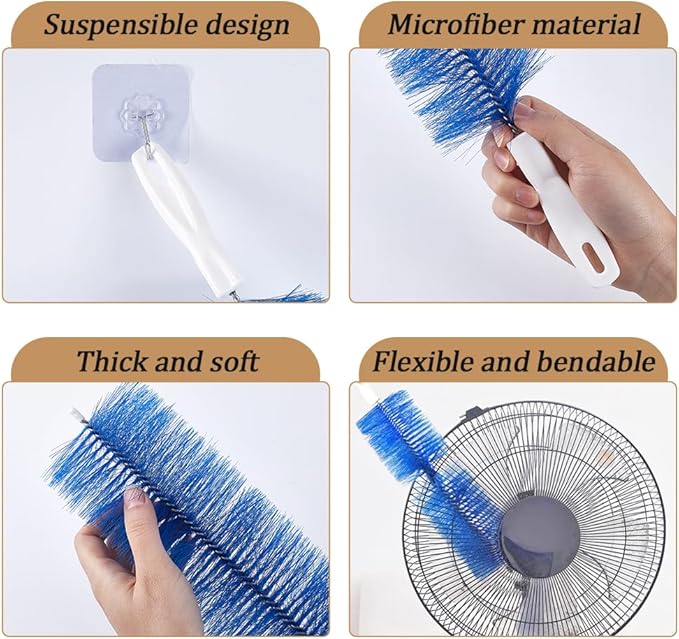 CREATCABIN 2Pcs Bendable Fan Duster Fan Cleaner Brush Blue Nylon Multifunctional Reusable Washable Flexible Microfiber Head Dust Collector Cleaning Brushes for Ceiling Fans Curtains Cars 15.8" x 3.2"