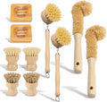 10 Pcs Bamboo Dish Brush Set, Wooden Dish Brush with Long Handle Cup Brush, Short Handle Sisal & Coarse Brushes, Square Rack Tray, Natural Bamboo Bottle Brush for Pots, Pans,Vegetables