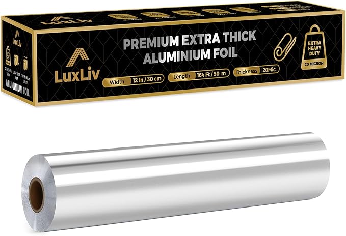 Aluminum Heavy Duty Tin Foil Roll – 12 inch wide x164 ft Length,161 sq ft – Commercial Grade & Extra Thick, Strong Enough for Food Service Industry with cutter - LuxLiv®