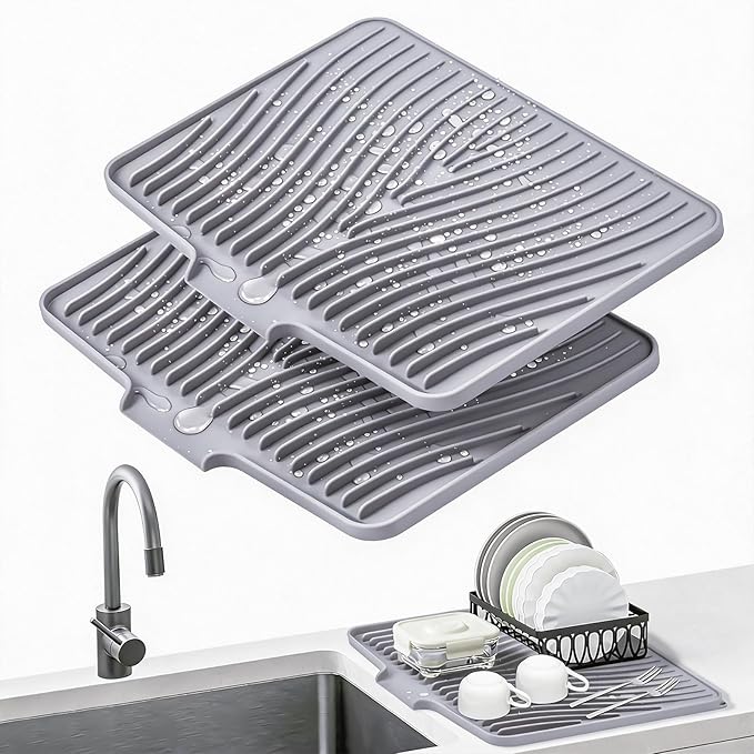 Dish Drying Mat, Stone Drying Mat for Kitchen Counter with Built-in Drain, Non-Slip Drying Matt Kitchen Counter, Heat Resistant Silicone Drying Mat, Dish Drying Pad, 2 Pcs(Grey 20" x 15")