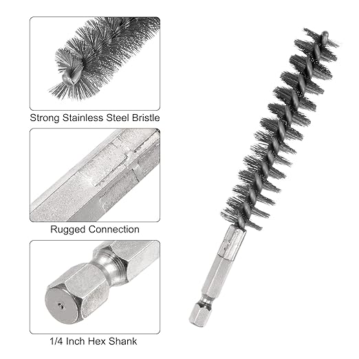 HARFINGTON 5Pcs Bore Brush Stainless Steel 17mm Dia Cleaning Twisted Wire Brush Tube Pipe Cleaner with Handle 1/4 Inch Hex Shank for Tubes, Ports, Bearings