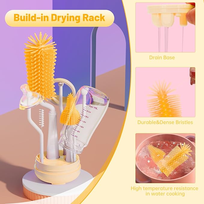 Bottle Brush Set,Travel Bottle Cleaner Kit with Baby Bottle Brush,UV Light,Straw Brush,Nipple Brush,Bottle Drying Rack for Home and Travel(Orange,Cylindrical)