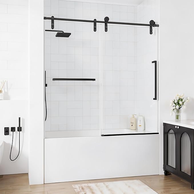 56-60" W x 60" H Frameless Bathtub Shower Door, Sliding Tub Shower Glass Door, 5/16" (8mm) SGCC Tempered Glass Shower Doors with Nano-Coating and Explosion-Proof Film, Easy to Clean, Matte Black