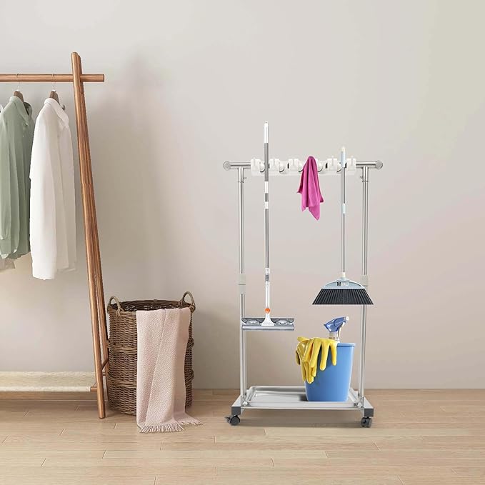 Wet Mops Rack Movable Broom Holder, Movable Closet Storage Cabinet Mop Rack with 5 Slots 6-Hook, Floor Standing Cleaning Tool Racks for Garden Garage Schools Hotels Hospitals Property Companies