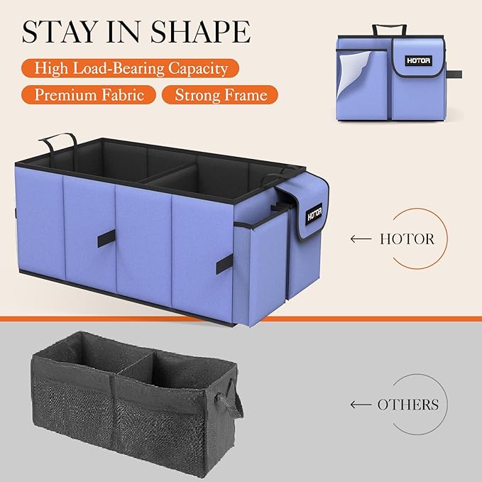 HOTOR Large-Capacity Trunk Organizer - Foldable for SUVs & Sedans, Sturdy Organization for Car Accessories, Tools, Sundries, Blue, 2 Compartments, US11032 | Foldable, Sturdy Organization, for Car Accessories, Tools, Sundries, US11032