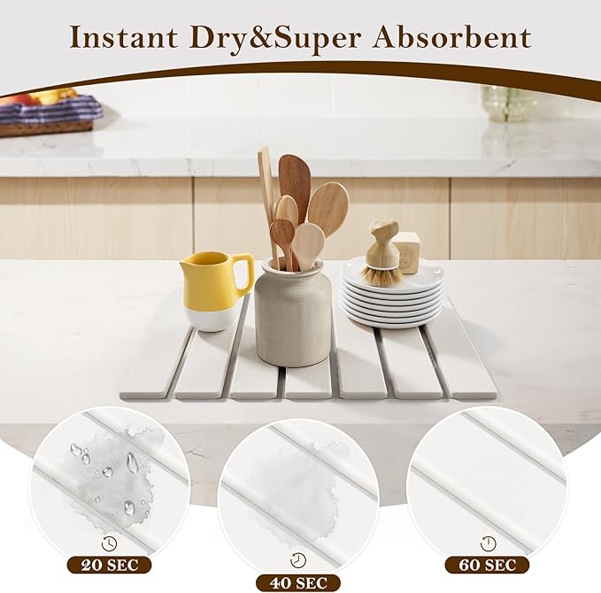 Large Stone Dish Drying Mats for Kitchen Counter,15.5“x 11.8”,Eco-Friendly,Foldable quick dry stone mat kitchen,Absorbent Diatomaceous Earth Mats for Dishes Bottles Cups Bathroom Any Countertop-white