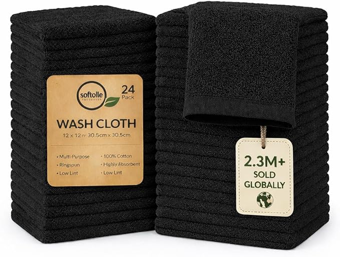 Softolle 100% Cotton Washcloths 24 Pack (12x12 Inches) Soft, Highly Absorbent Washcloth, Face Towels, Wash Cloths for Face, Ring Spun, Bulk Pack (Black)