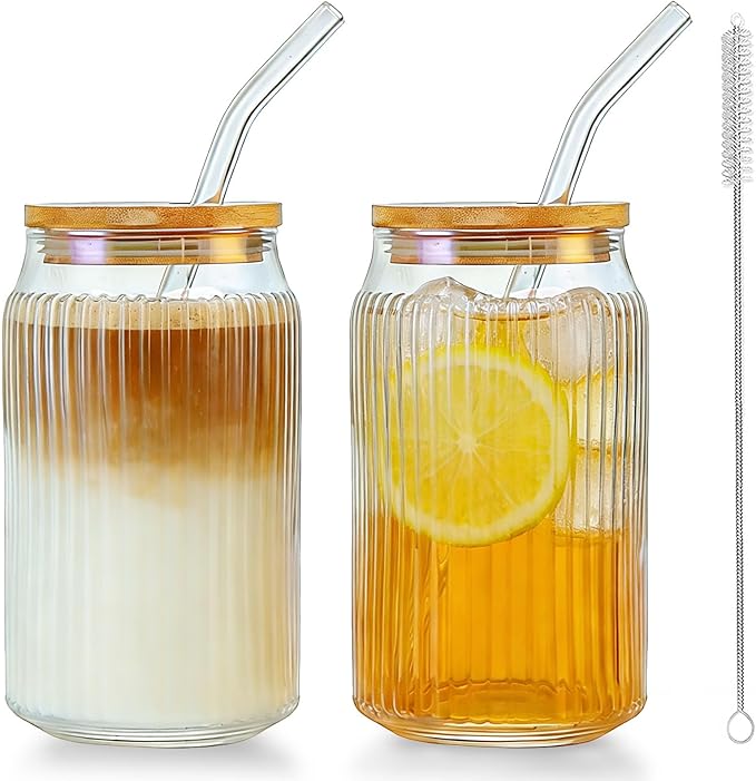 2 PCS Glass cups with Lids and Straws, 16 OZ Iced Coffee Cups, Ribbed Glass Tumbler with Straw and Bamboo Lid, Thick Drinking Beer Glasses for Coffee, Juice, Match Cup with Cleaning Brush (Clear)