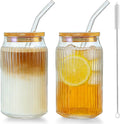 2 PCS Glass cups with Lids and Straws, 16 OZ Iced Coffee Cups, Ribbed Glass Tumbler with Straw and Bamboo Lid, Thick Drinking Beer Glasses for Coffee, Juice, Match Cup with Cleaning Brush (Clear)