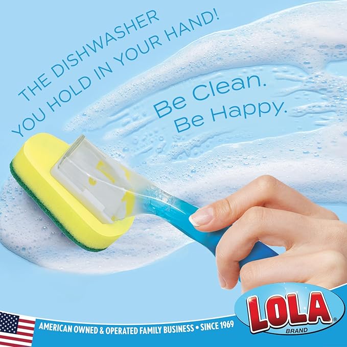 LOLA Dish Brush w/Soap Dispenser Wand, 1 Brush w/Head & 6 Refills, Absorbent Sponge Scrubber, No Leaking. Clean Dishes, Sinks and Cookware (Pack of 2)