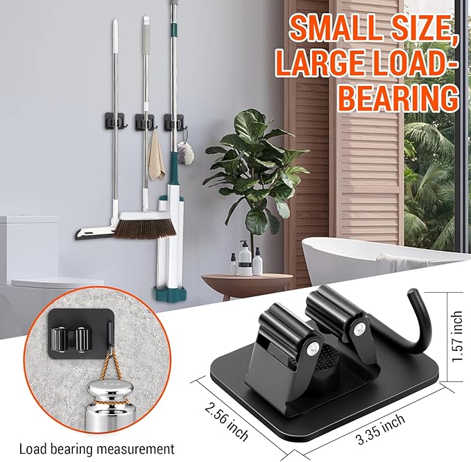 Batur 4 Pack Broom Holder Wall Mount, Super Anti-Slip Mop and Broom Holder Wall Mount, Self Adhesive Broom Organizer Hanger Gripper for Bathroom, Kitchen, Laundry Room Storage, Black