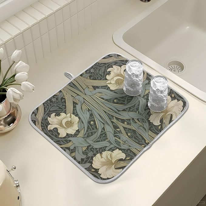 William Morris Flowers Print Dish Drying Mat for Kitchen Counter Absorbent Microfiber Small Drying Pad Dish mats for Kitchen Countertops 16 x 18 Inch