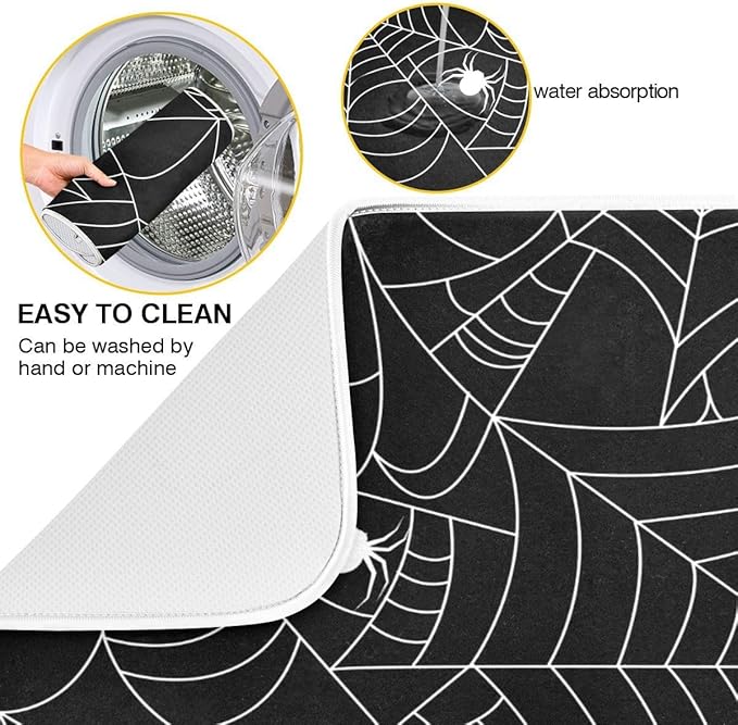 Halloween Spooky Spider Web Dish Drying Mat for Kitchen Happy Halloween Creepy Decoration Microfiber Drying Mats Absorbent Reversible Dish Pad Medium Dish Draining Mat 16x18 inch