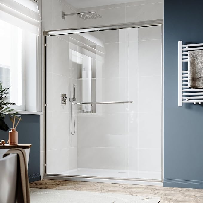 SUNNY SHOWER Double Sliding Glass Door 48" W x 72" H Shower Door 1/4" Tempered Glass Sliding Door Semi-Frameless Shower Glass Enclosure Bypass Walk in Shower Cabin, Brushed Nickel