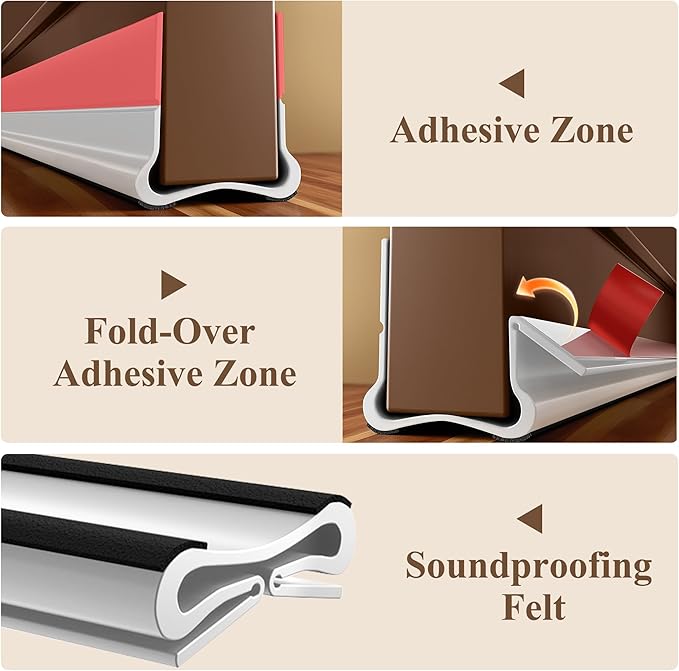 36.6 in Under Door Draft Stopper Reusable Self-Adhesive Door Sweep with Triple Seal Technology Soundproof Felt Flexible Gap Filler for Interior Exterior Doors Noise Reducing Door Seal White