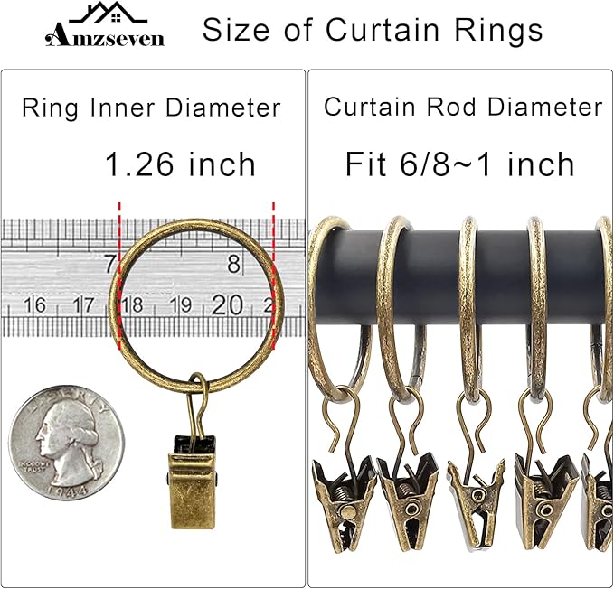 40 Pack Curtain Rings with Clips, Drapery Clips with Rings, Drapes Rings 1.26 in Interior Diameter, Fits up to 1 in Curtain Rod, Bronze