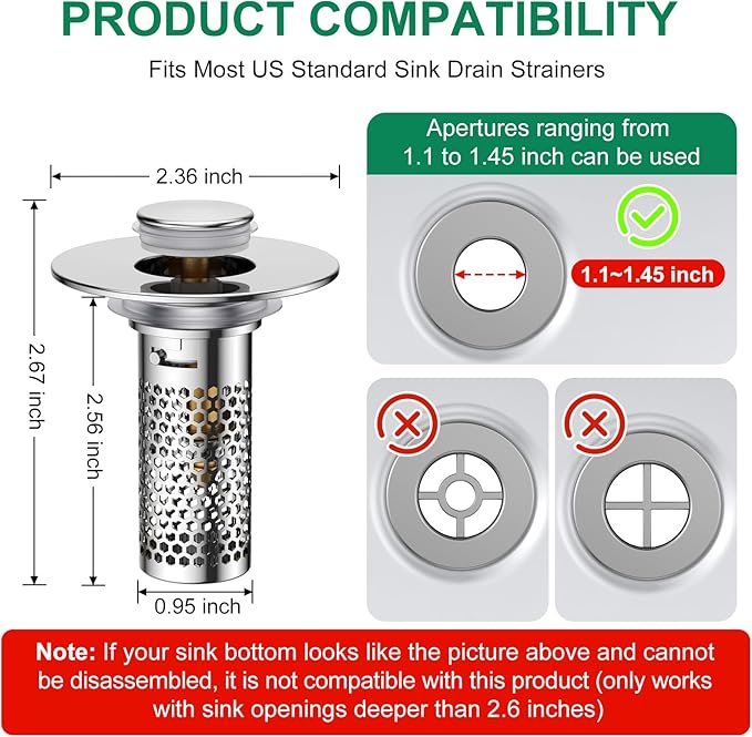 Bathroom Sink Drain Strainer,Universal Pop-Up Sink Stopper Hair Catcher, Anti-Clog Stainless Steel Drain Filter Basket, Removable Sink Drain for Bathroom Sink Stopper (YSilver-2（with Buckle）)