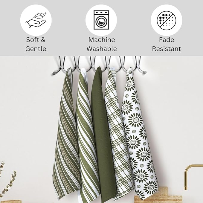 Assorted Kitchen Towels 16x26 Inch 100% Cotton Set of 5 - Dish Cloths Towels with Hanging Loop - Soft Absorbent Washable Tea Towel for Kitchen - Quick Drying Dish Towel Green