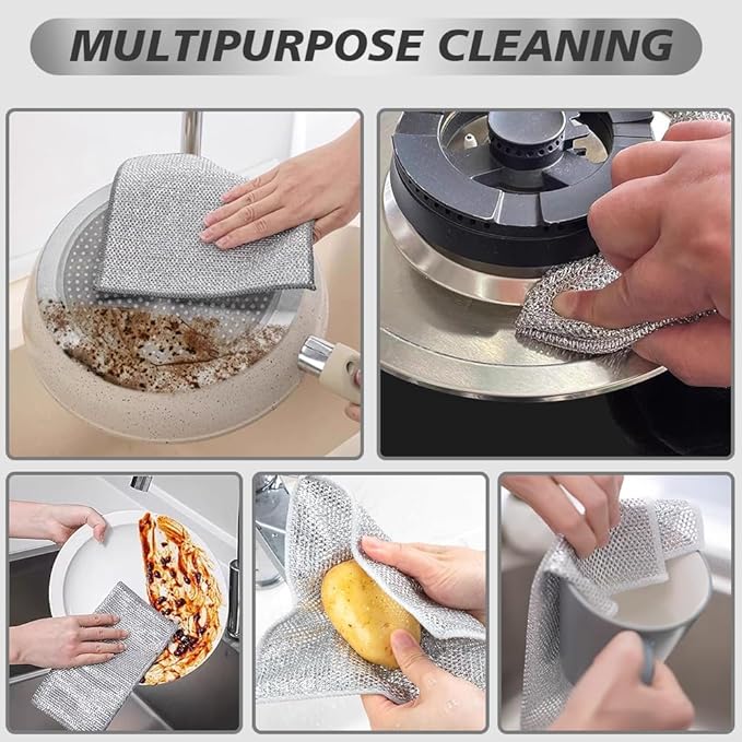 SINLAND Silver Mesh Dish Cloths Wire Dish Washing Rags Magic Cleaning Cloths Stainless Steel Metal Cloth for Dishes Sinks Counters Stove Tops Easy Rinsing 7.87x7.87 Inch 10 Pack