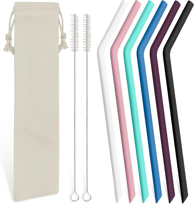 6 Pcs Bent Silicone Drinking Straw Set – Multi-Color, Washable, Reusable Silicone Straws with 2 Cleaning Brushes, 1 Portable Bag, for 20oz and 30oz Drinks, Smoothies, and Coffee (6mm Dia)