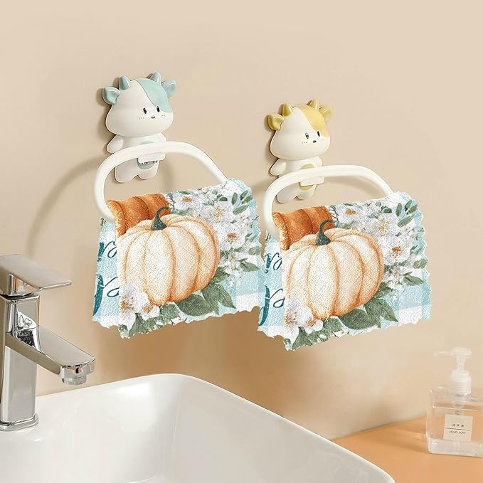 Kitchen Towels Hello Fall Pumpkins Teal Buffalo Plaid Check Dish Towels Multipurpose Reusable Dish Cloths Soft Cleaning Cloth Kitchen Accessories Set of 6,11"x11"
