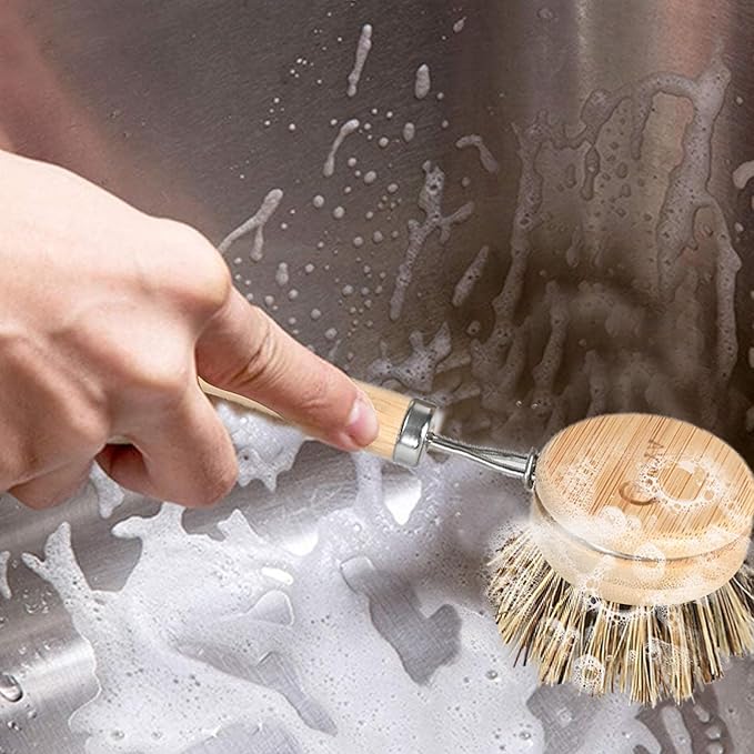 Bamboo Dish Scrubber with Handle - Hard Bristle, Natural Dish Brush, Sustainable & Biodegradable, Kitchen Scrub Brush for Dishes, Iron Pots, Baking Trays, Barbecue Grills