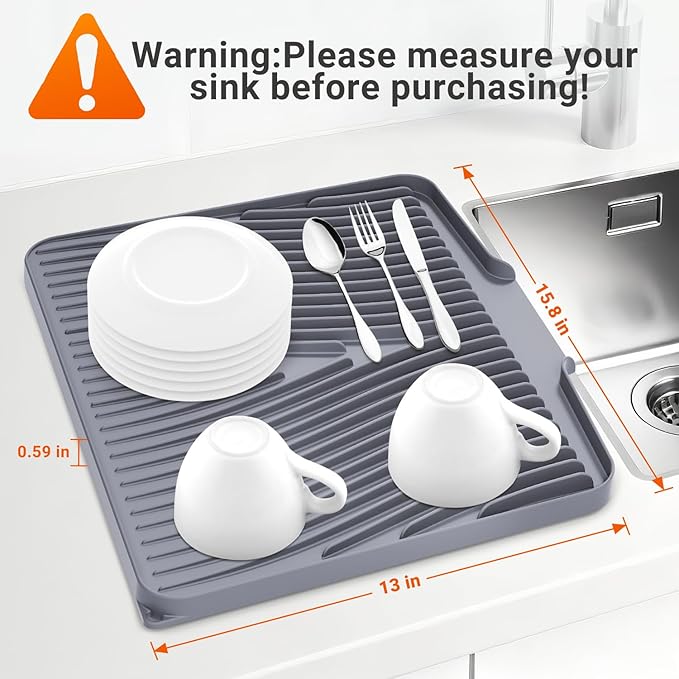 Silicone Dish Drying Mat for Kitchen Counter, Non-Slip Drain Pad, Dish Drying Pad, Easy to Clean Dish Rack Pad, Multi-Use as Heat Resistant Trivet, 15.8" x 13" , Grey
