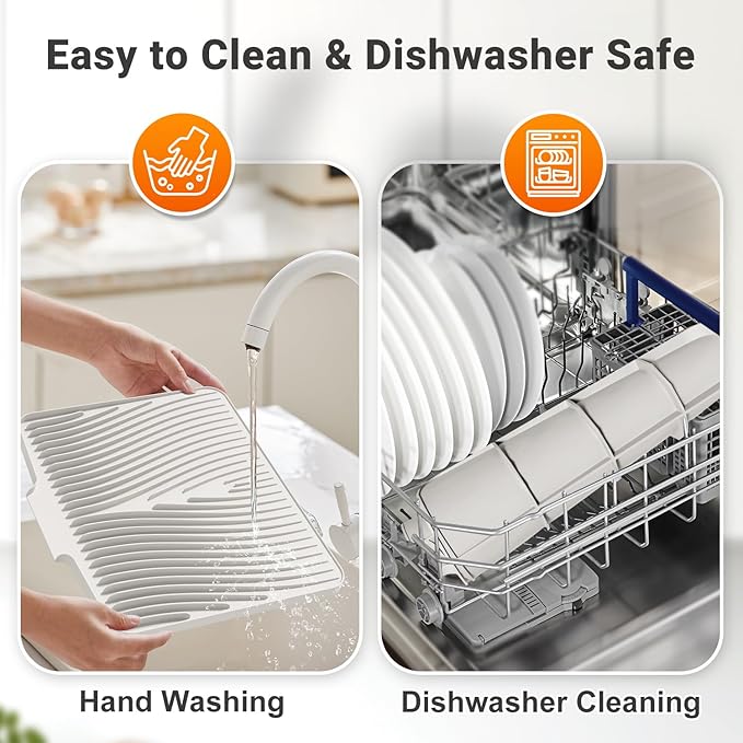 Silicone Dish Drying Mat for Kitchen Counter, Dish Drying Pad, Non-Slip Drain Pad with Built-in Drain, Heat Resistant Stone Drying Mat,Cream-2pcs