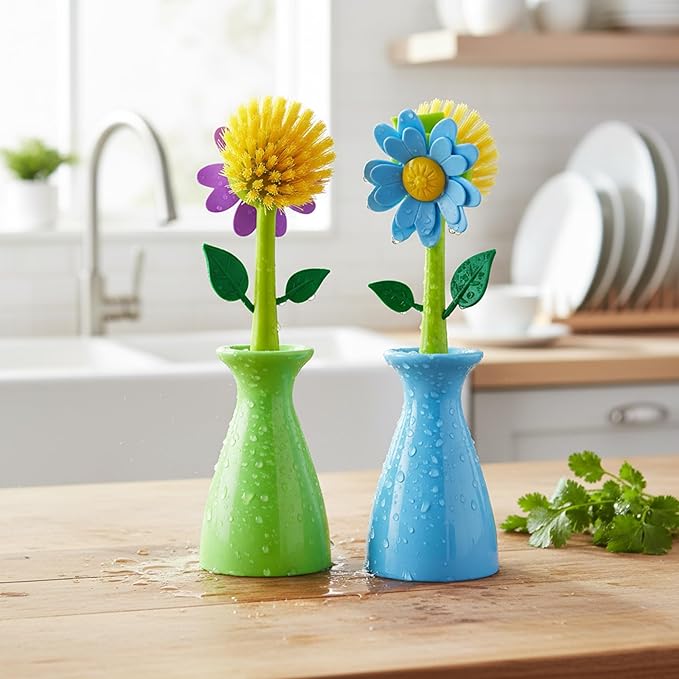 Long Handle Vegetable and Fruit Brush, Florganic Dish Brush with Vase, Long Handle Dish Brush Kitchen, for Cleaning Pot Pan Sink Kitchen Supplies Decorative Vase (2 Pcs) (Green/Blue)