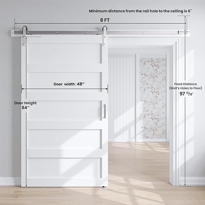 SmartStandard 48x96 inch White Barn Door with 8FT Brushed Nickel Sliding Door Hardware Track Kit Included, Solid MDF Slab, Waterproof PVC Surface, 5-Panel, Suitable for Openings up to 46in x 94in