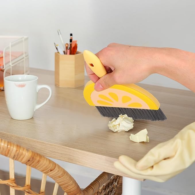VOSAREA Small Dustpan and Brush Set, Lemon Mini Dustpan and Brush Whisk Broom and Dust Pan Set, Tiny Cleaning Broom Mini Hand Broom for Table, Desk, Keyboard Pet Nest