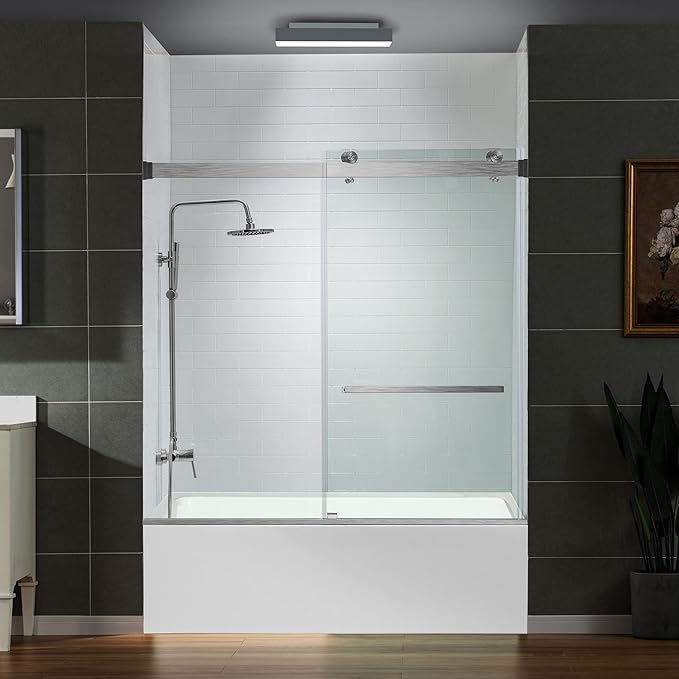 Woodbridge Frameless Bathtub Shower Doors 56-60" Width x 66" Height with 5/16"(8mm) Clear Tempered Glass, 2 Ways Opening & Double Sliding in Brushed Nickel Finish