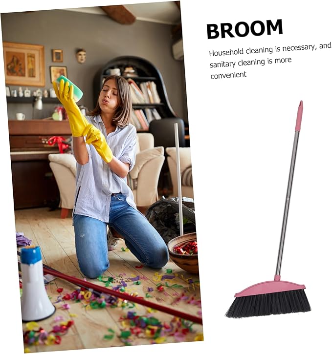 Unomor Clean Broom Stainless Steel Household Broom with Long Handle Soft Bristle Sweeping for Indoor and Outdoor Floor Cleaning Compact Reusable Dust Brush Pink 34.37 * 11.96 * 1.18in